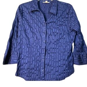 JM Collection Blue Stretch Button-Up Blouse Wide Cuffs V-neck Career 18 EUC
